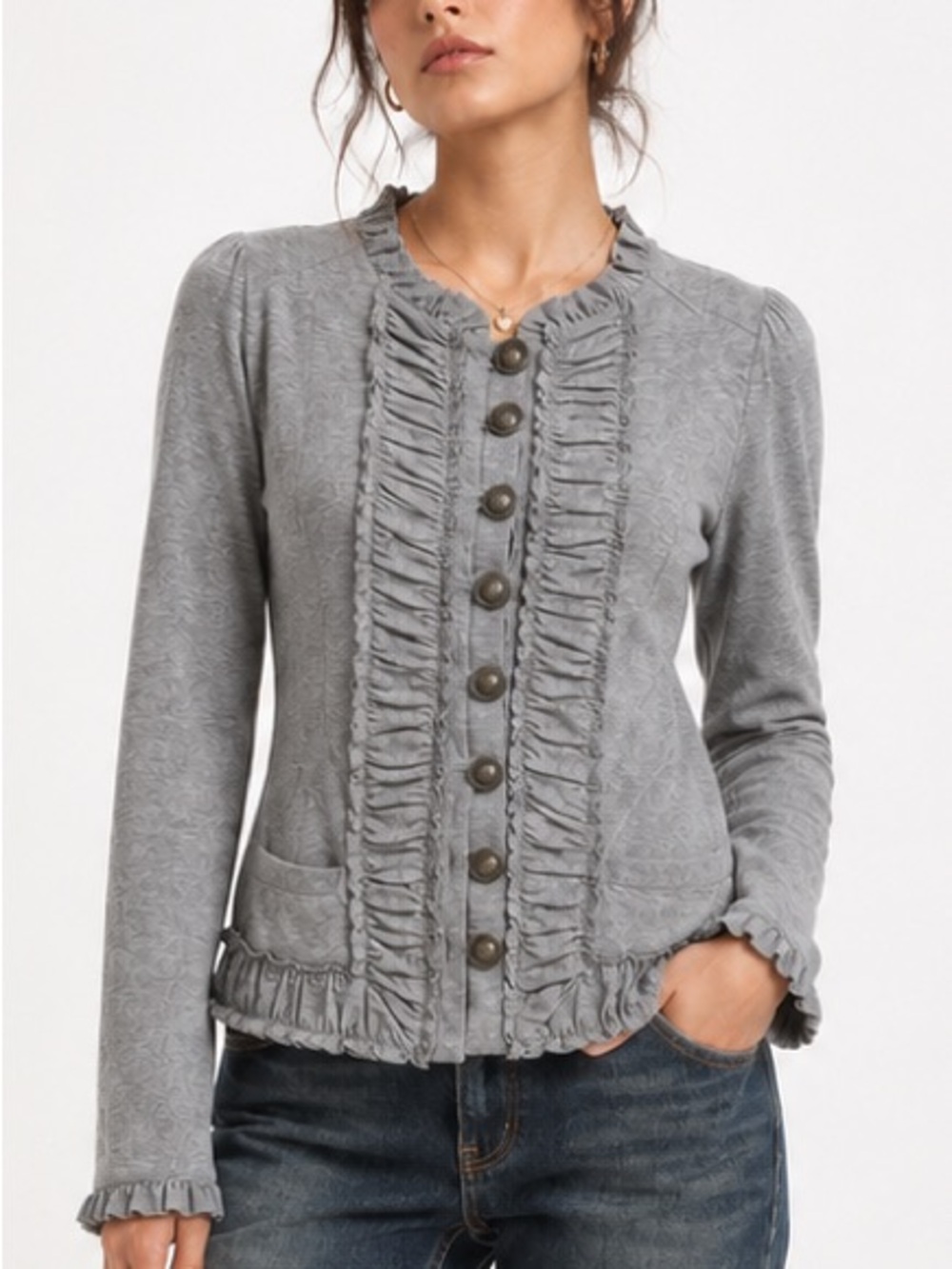 Freeway Ruffled Cardigan Top Romantic Victorian Button-Front Jersey Soft Medium